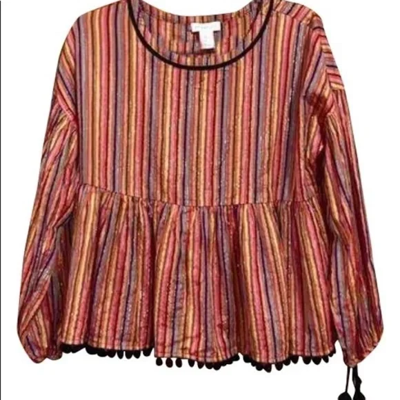 Amaryllis Metallic Stripe Pom Pom Boho Peasant Blouse Size Small - Picture 8 of 9
